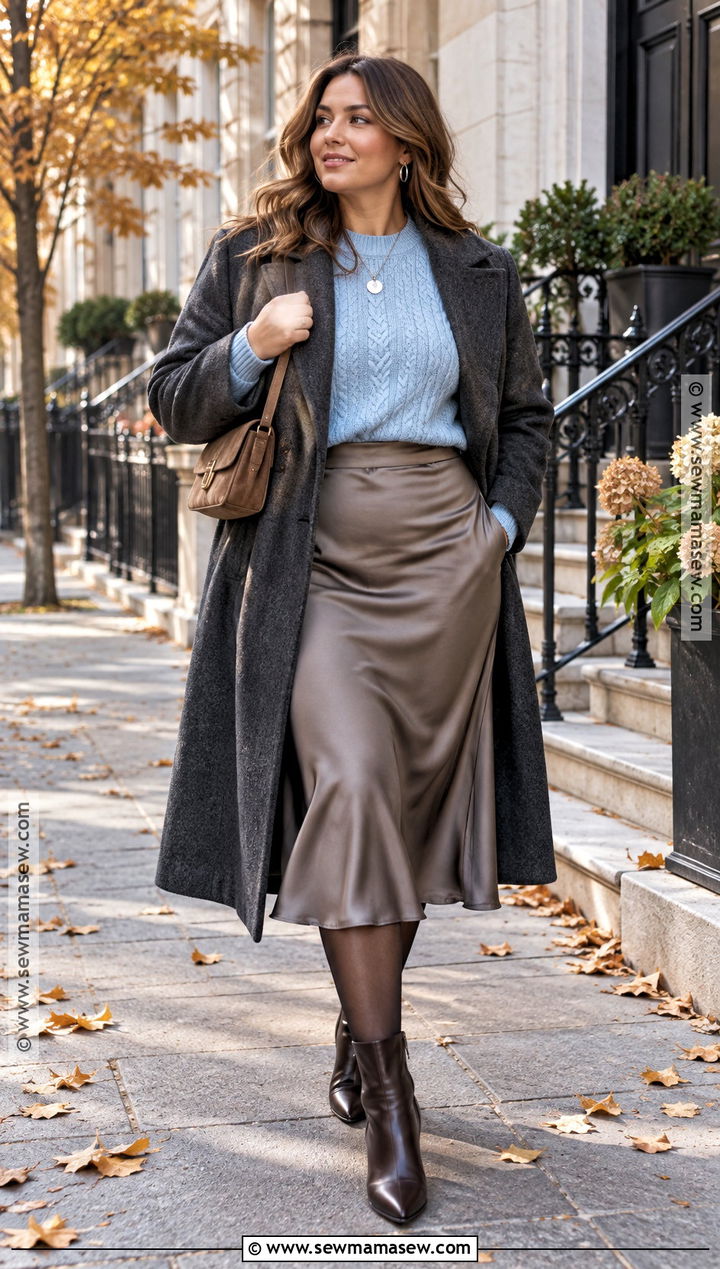 Powder Blue Cable Knit With Satin Midi Skirt - 15 Autumn Blue Knitwear Ideas