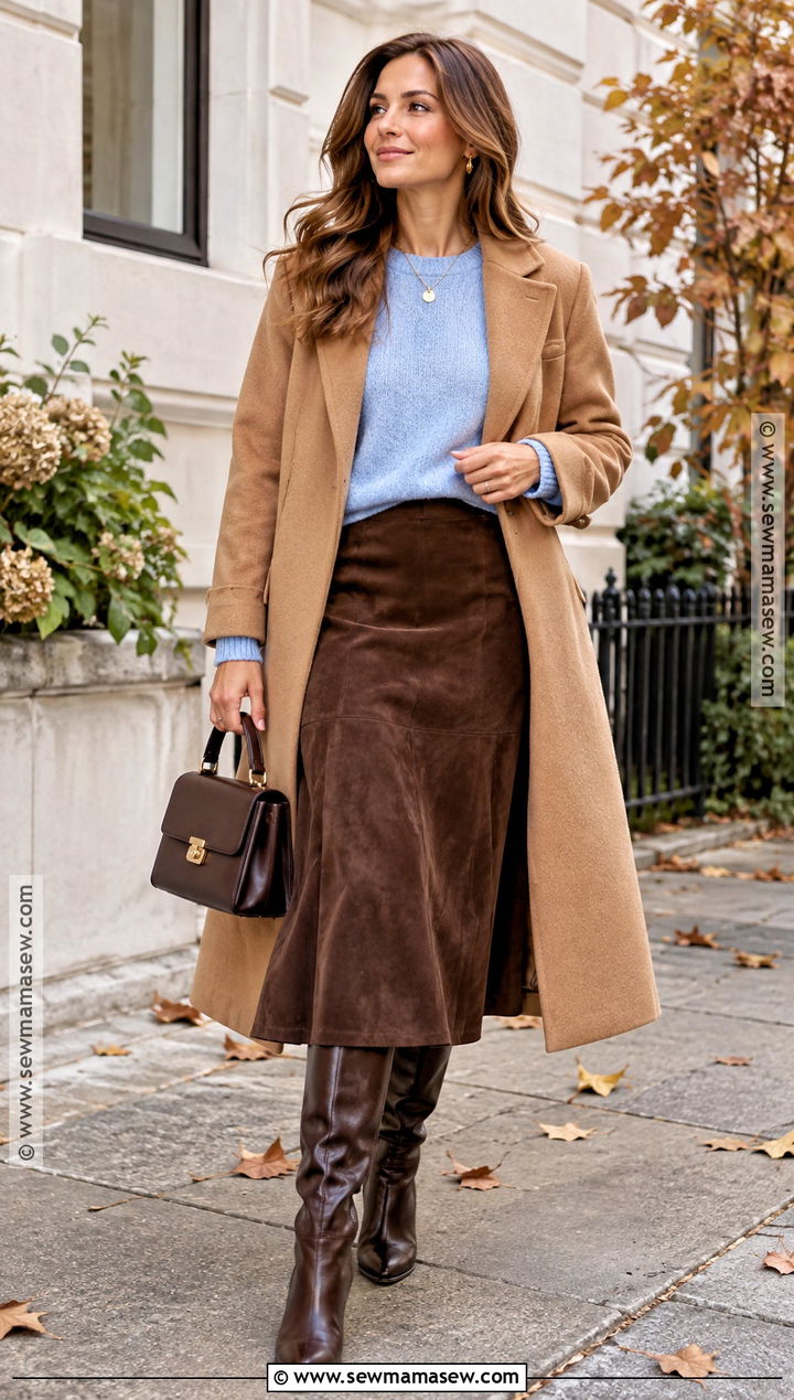 Powder Blue Knit and Brown Skirt Outfit - 15 Autumn Blue Outfit Ideas