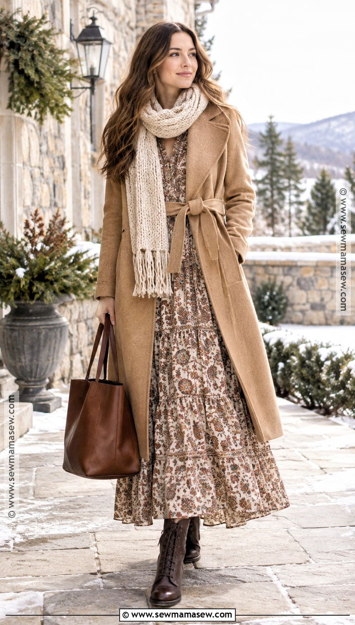 Prairie Boho Dress With Belted Wool Coat And Lace Up Boots - 15 fall winter boho outfits