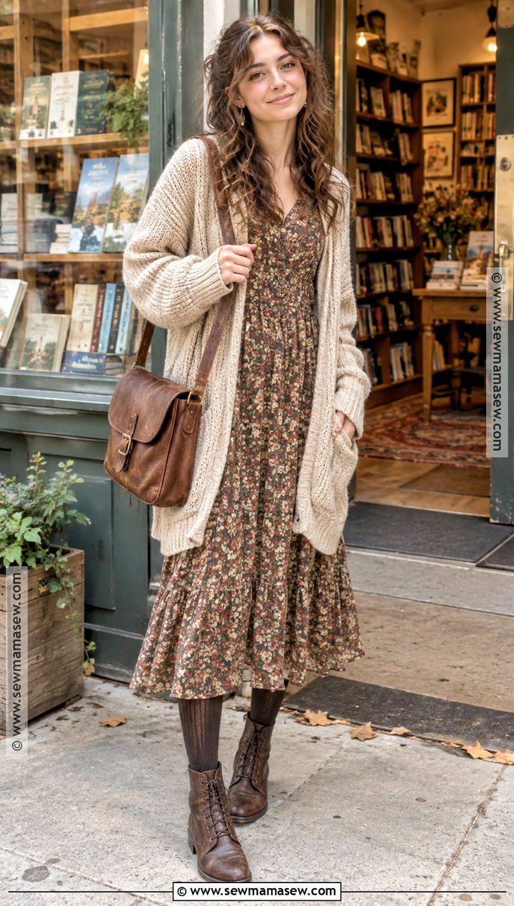 Prairie Dress And Chunky Cardigan Autumn Hippie Outfit - 20 autumn hippie outfits