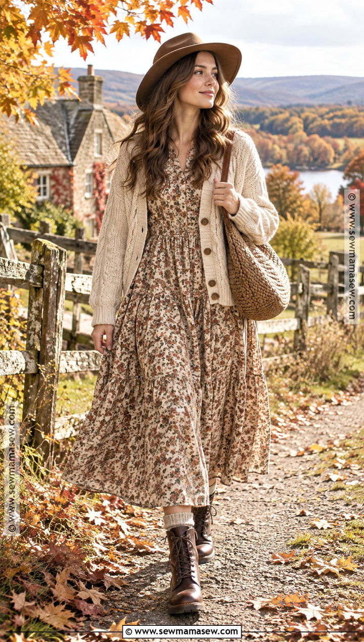 Prairie Dress And Chunky Knit Autumn Cottagecore Outfit - 25 autumn cottagecore outfit ideas