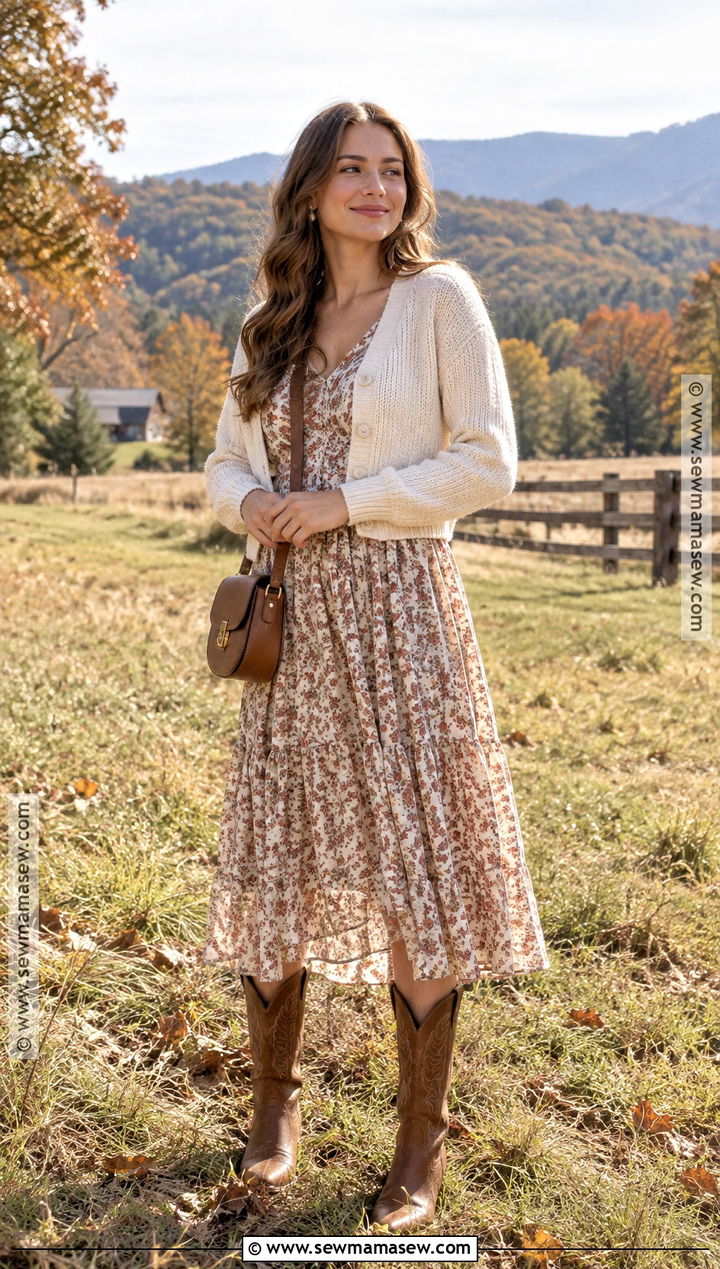 Prairie Dress Fall Outfit With a Cropped Cardigan - 20 southern fall outfits