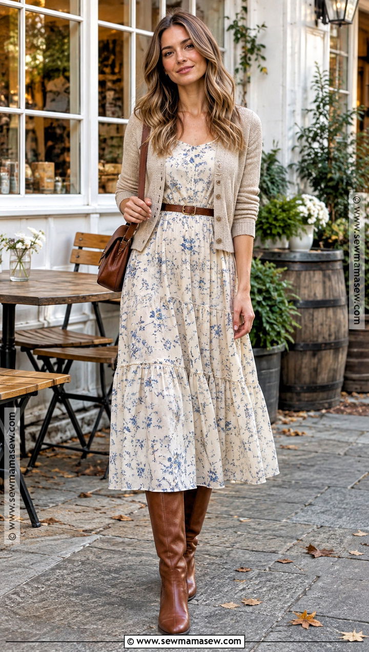 Prairie Midi Dress With Knee High Boots - 15 Boho Fall Dress Ideas