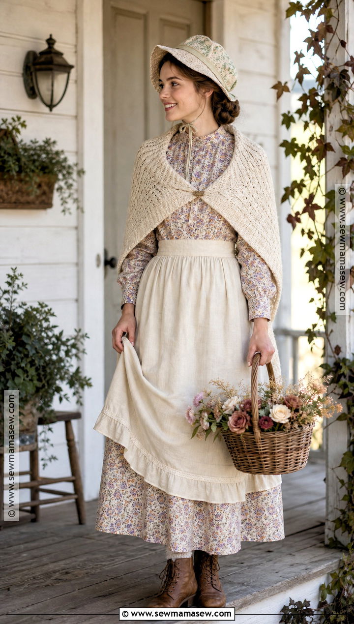 Prairie Pioneer Costume With Floral Dress - 30 wild west costume ideas for women