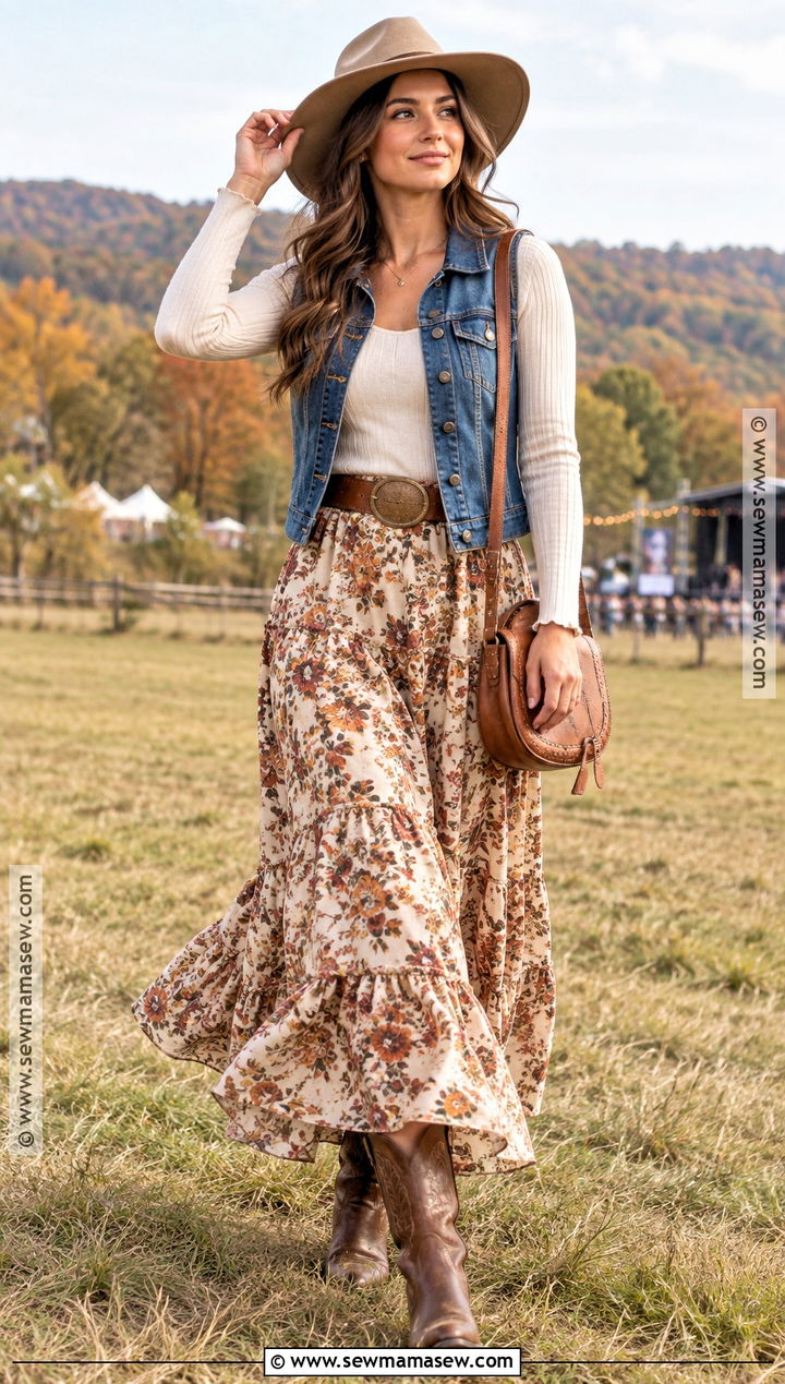Prairie Skirt And Denim Vest Festival Outfit - 15 Fall Country Festival Outfit Ideas