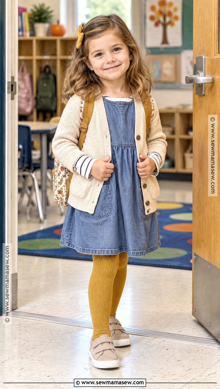 Pre K Girl Denim Dress And Colorful Tights Outfit - 20 Pre K Outfits Girls Back To School