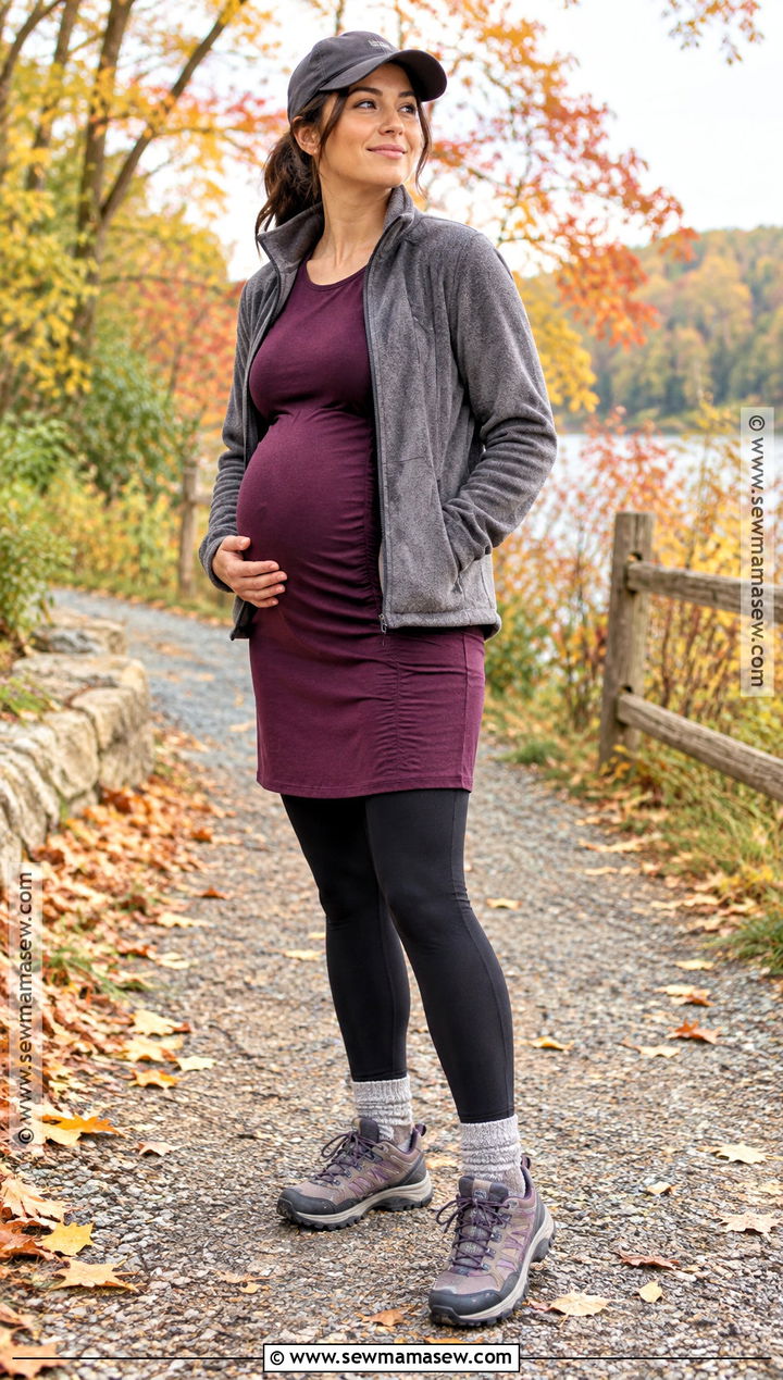 Pregnant Fall Hiking Outfit With Athletic Dress And Leggings - 15 hiking outfit fall pregnant ideas