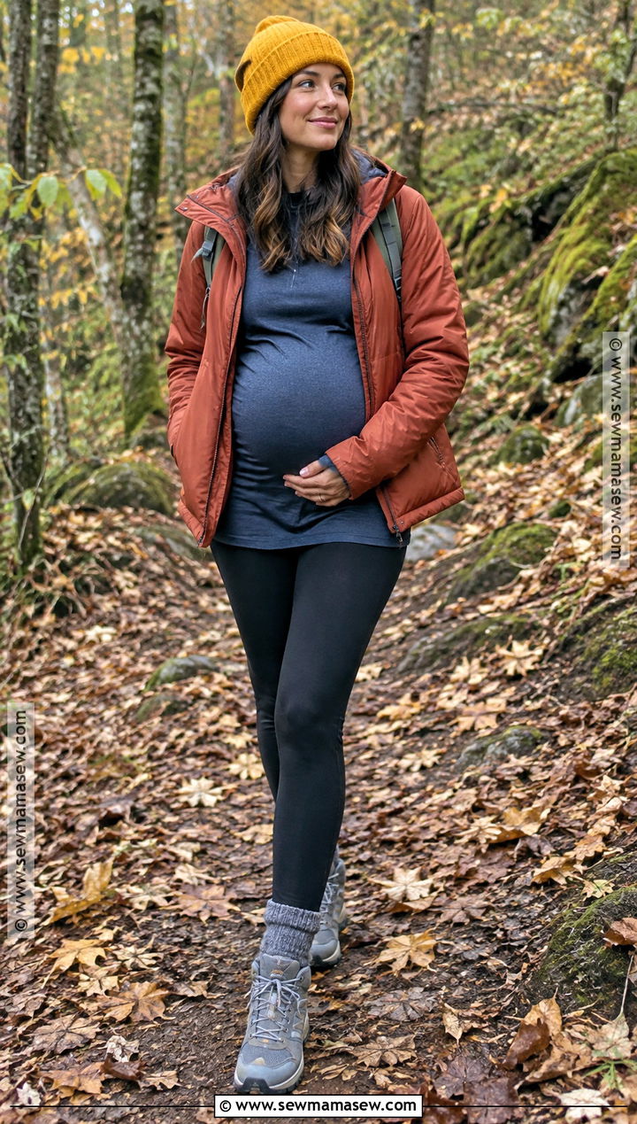 Pregnant Fall Hiking Outfit With Black Leggings And Insulated Jacket - 15 hiking outfit fall pregnant ideas