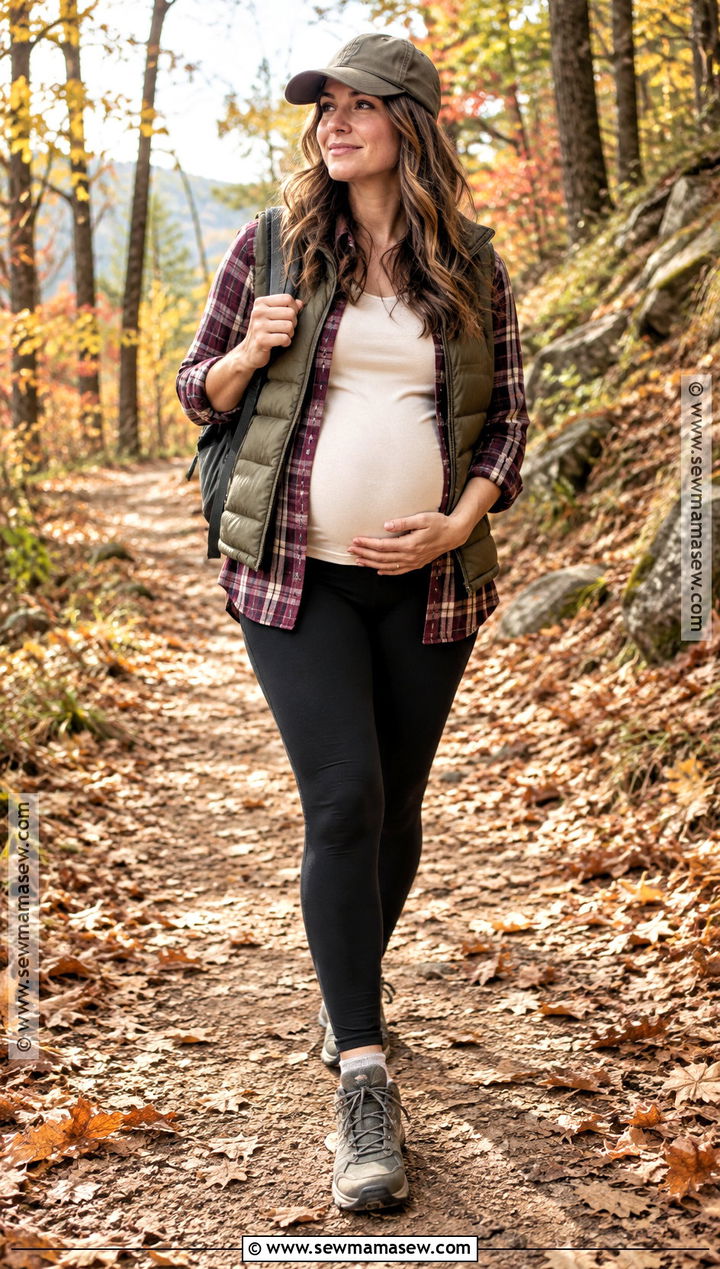 Pregnant Fall Hiking Outfit With Flannel And Puffer Vest - 15 hiking outfit fall pregnant ideas