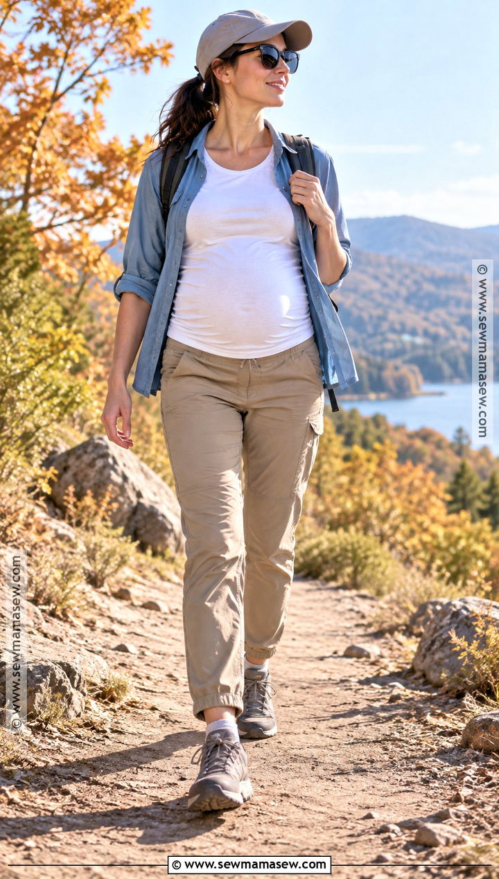 Pregnant Fall Hiking Outfit With Technical Tee And Overshirt - 15 hiking outfit fall pregnant ideas