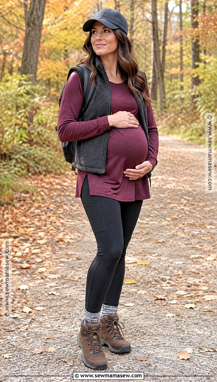 Pregnant Fall Hiking Outfit With Tunic Top And Trail Leggings - 15 hiking outfit fall pregnant ideas
