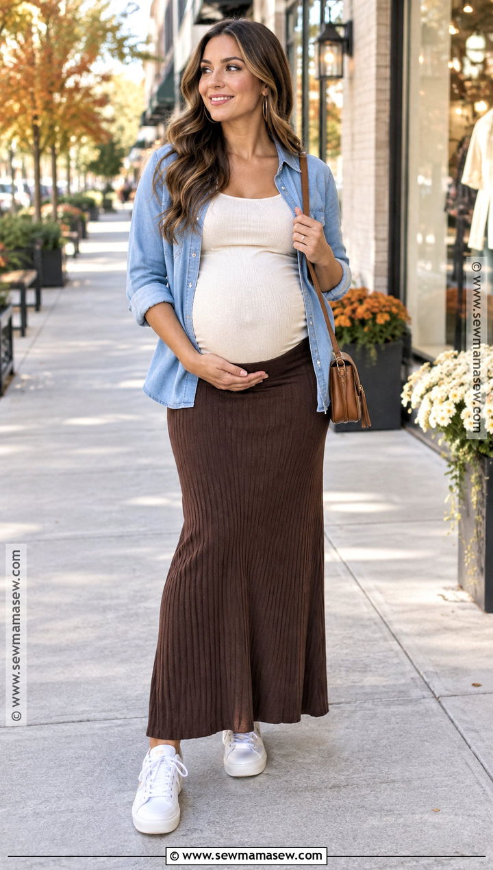 Pregnant Fall Maxi Skirt And Denim Shirt Outfit - 25 pregnant fall outfits