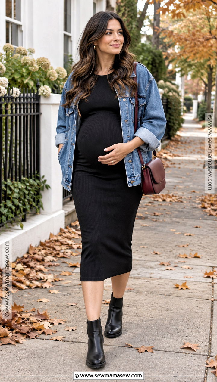 Pregnant Fall Outfit With Black Dress And Denim Jacket - 20 fall outfit pregnant ideas