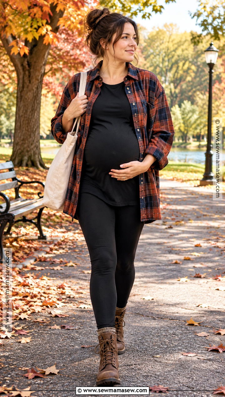 Pregnant Fall Outfit With Flannel And Black Leggings - 15 cute fall outfits pregnant