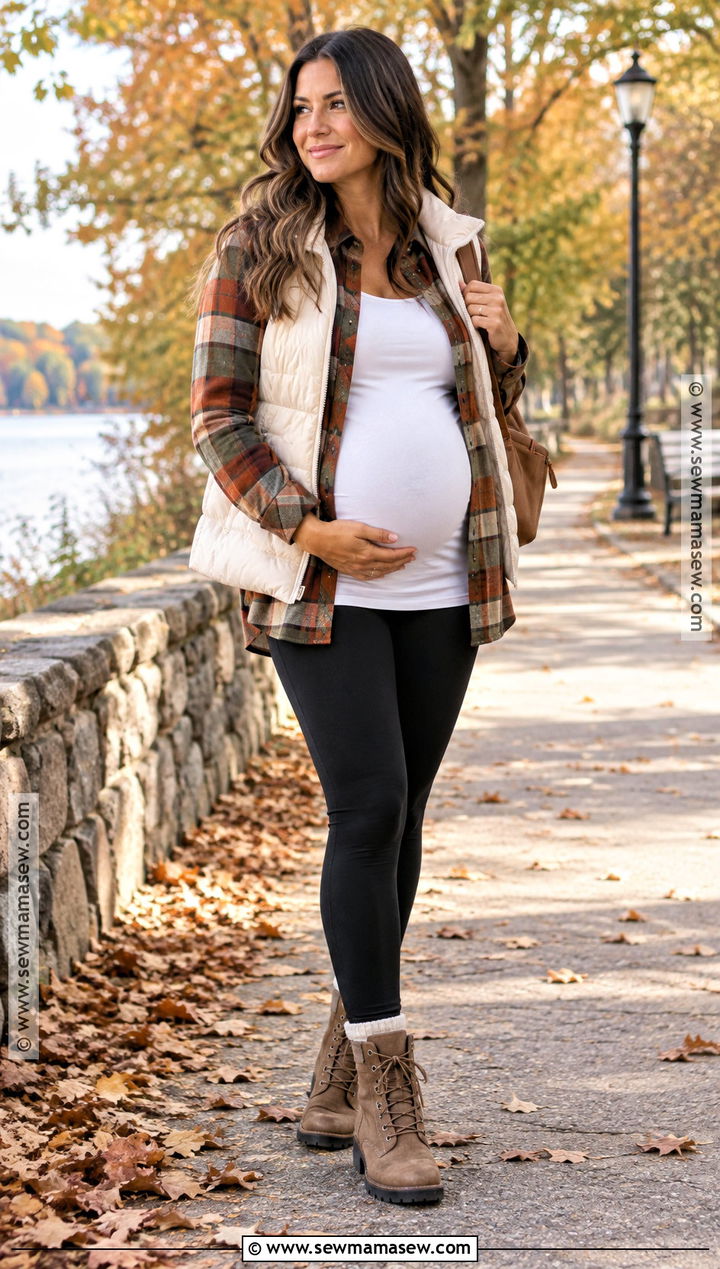 Pregnant Fall Outfit With Flannel Shirt And Leggings - 20 fall outfit pregnant ideas