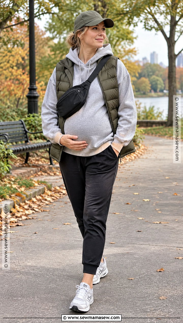 Pregnant Fall Outfit With Hoodie And Puffer Vest - 20 fall outfit pregnant ideas