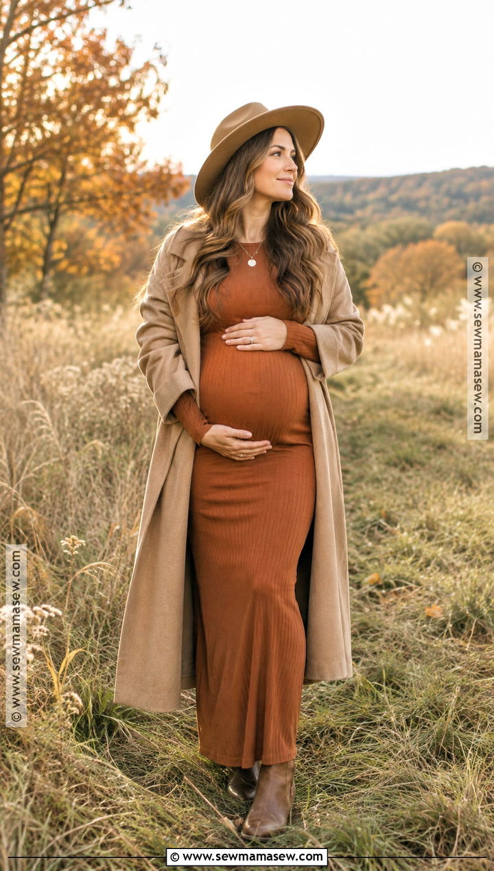 Pregnant Fall Photoshoot Dress And Long Coat Outfit - 25 pregnant fall outfits