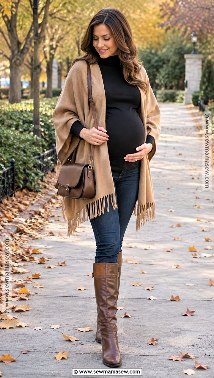 Pregnant Fall Poncho With Maternity Jeans - 15 pregnant fall looks