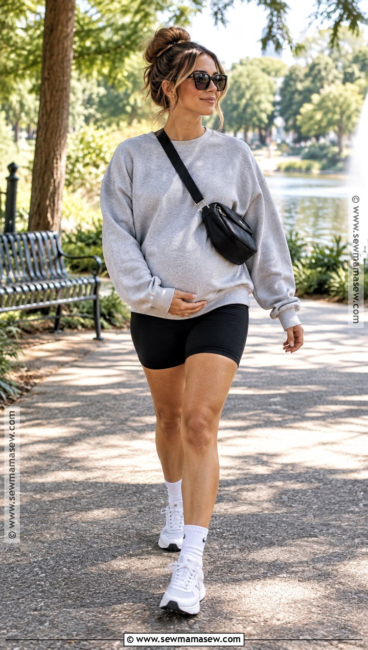 Pregnant Fall Sweatshirt And Biker Shorts Outfit - 25 pregnant fall outfits