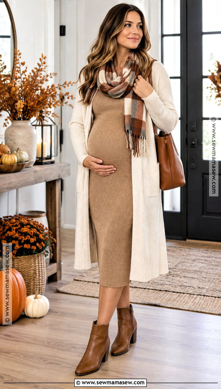 Pregnant Thanksgiving Knit Midi Dress And Cardigan Outfit - 15 thanksgiving outfit pregnant ideas for women