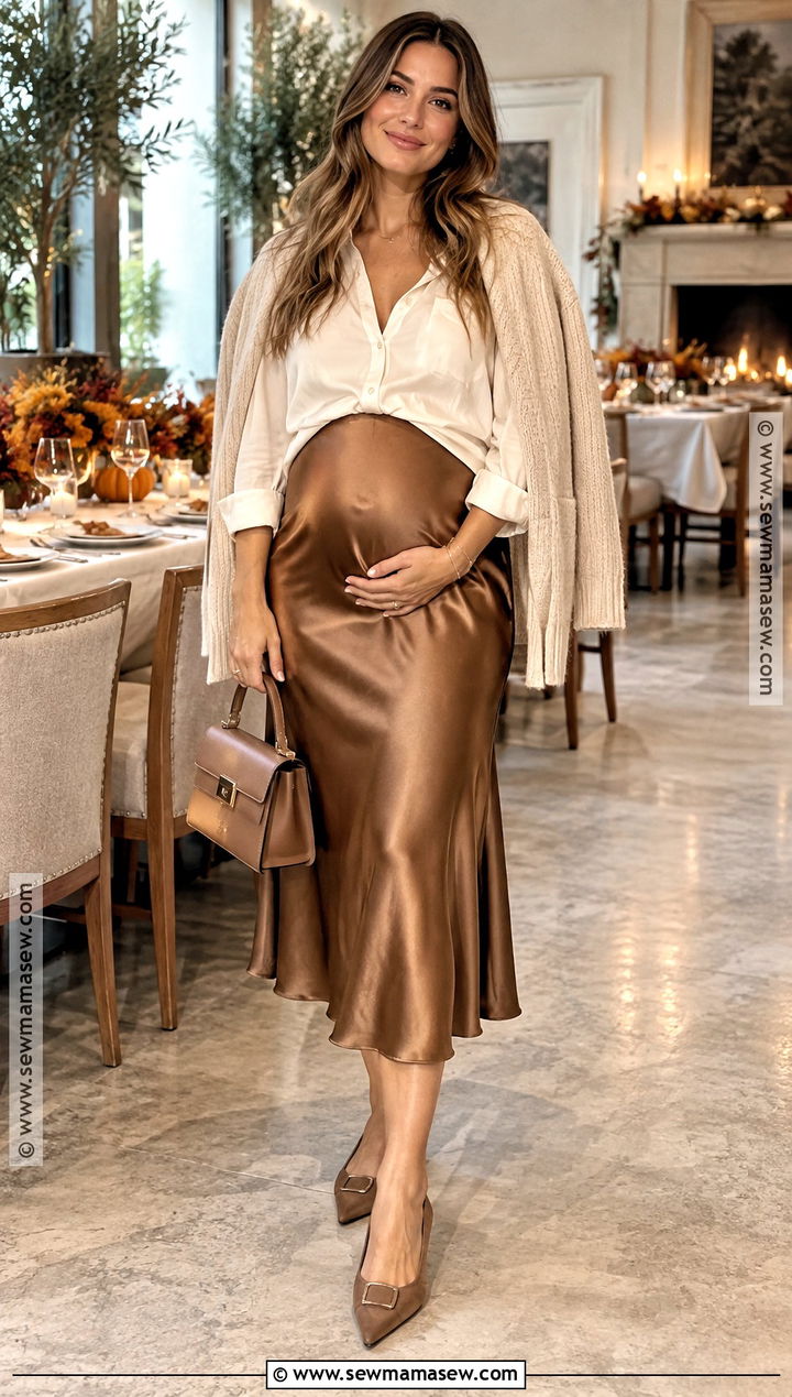 Pregnant Thanksgiving Midi Skirt And Button Down Outfit - 20 thanksgiving outfit pregnant ideas
