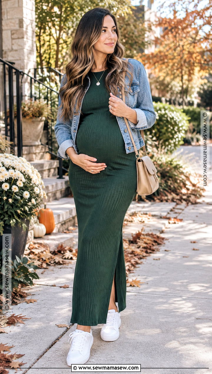 Pregnant Thanksgiving Ribbed Maxi Dress And Denim Jacket Outfit - 15 thanksgiving outfit pregnant ideas for women
