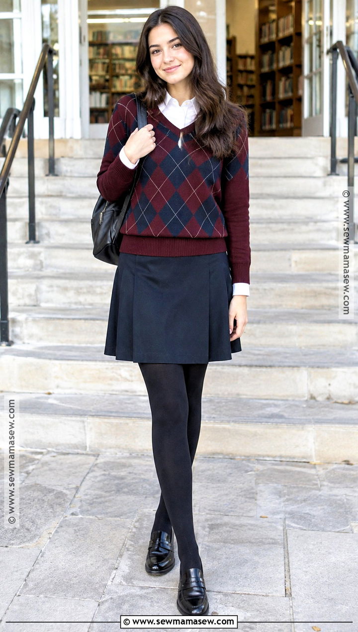 Preppy Argyle Sweater And A Line Skirt Outfit - 15 Preppy Back To School Outfit Inspiration Ideas