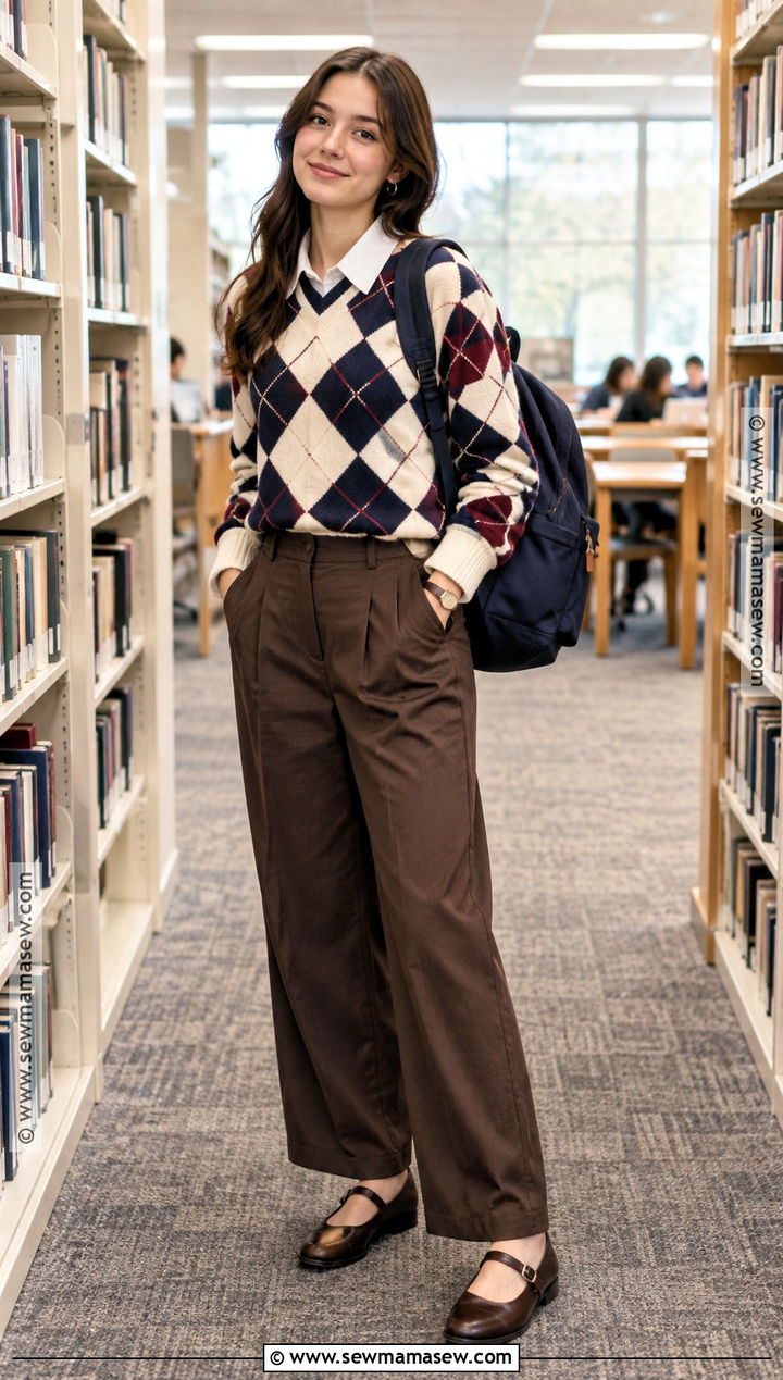 Preppy Argyle Sweater With Wide Leg Pants Outfit - 20 back to school outfits preppy