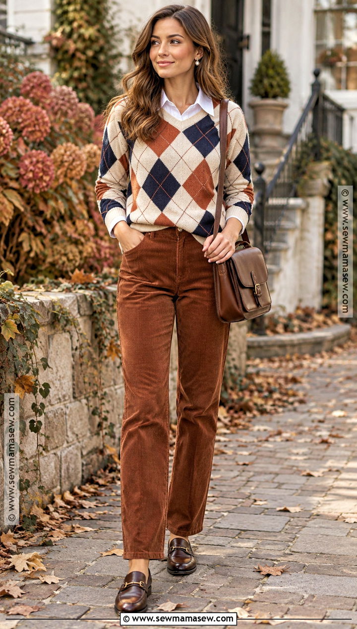 Preppy Autumn Argyle Sweater And Corduroy Pants Outfit - 20 preppy autumn outfits