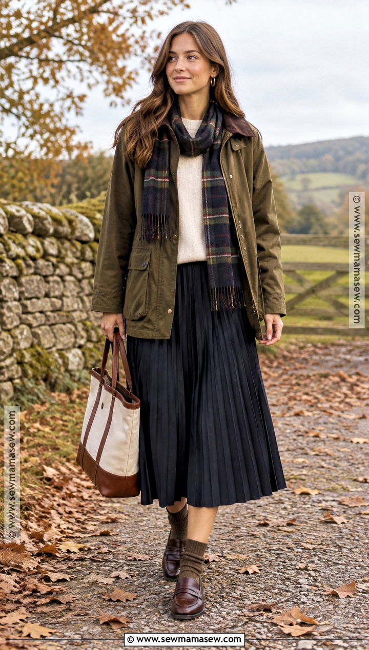 Preppy Autumn Barn Jacket And Pleated Skirt Outfit - 20 preppy autumn outfits