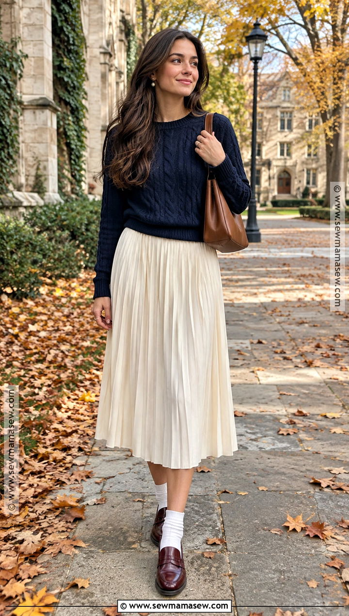 Preppy Autumn Cable Knit Sweater And Pleated Skirt Outfit - 20 preppy autumn outfits
