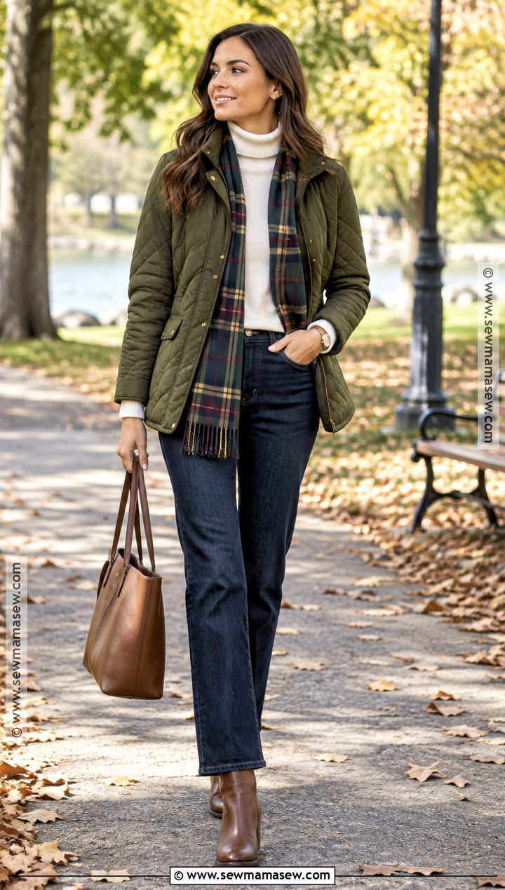 Preppy Autumn Quilted Jacket And Straight Jeans Outfit - 20 preppy autumn outfits
