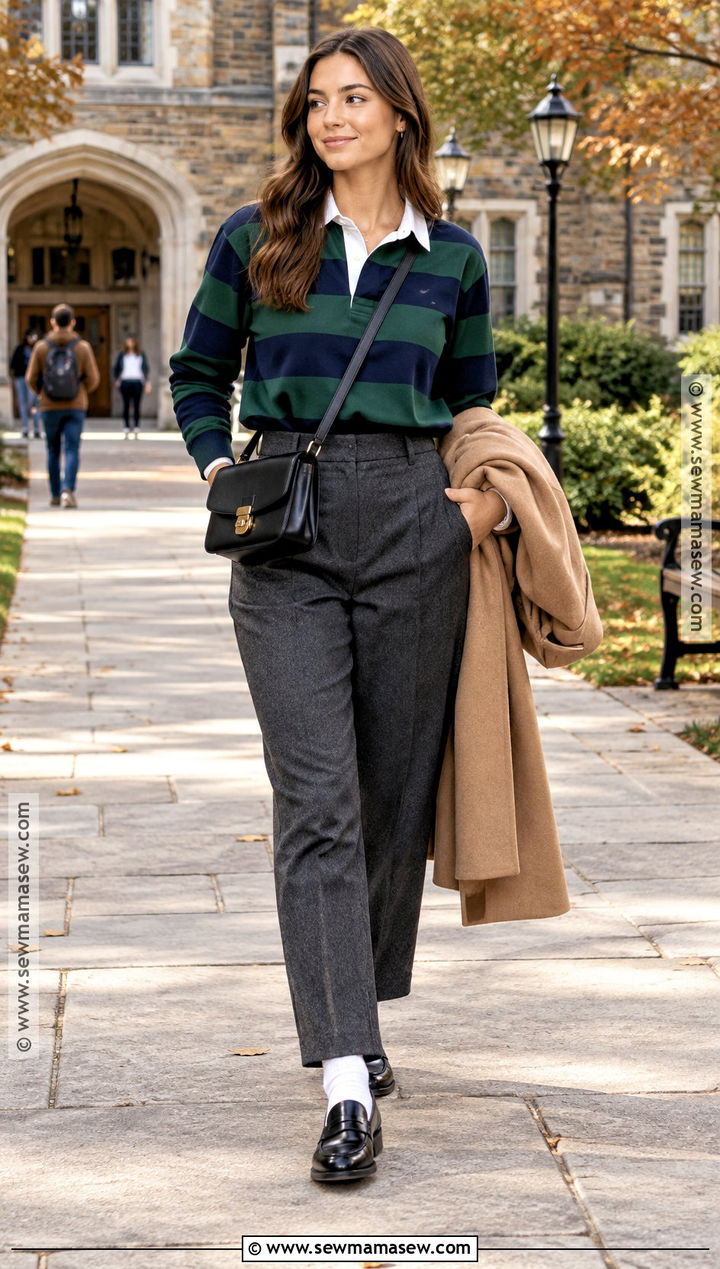 Preppy Autumn Rugby Shirt And Tailored Trousers Outfit - 20 preppy autumn outfits
