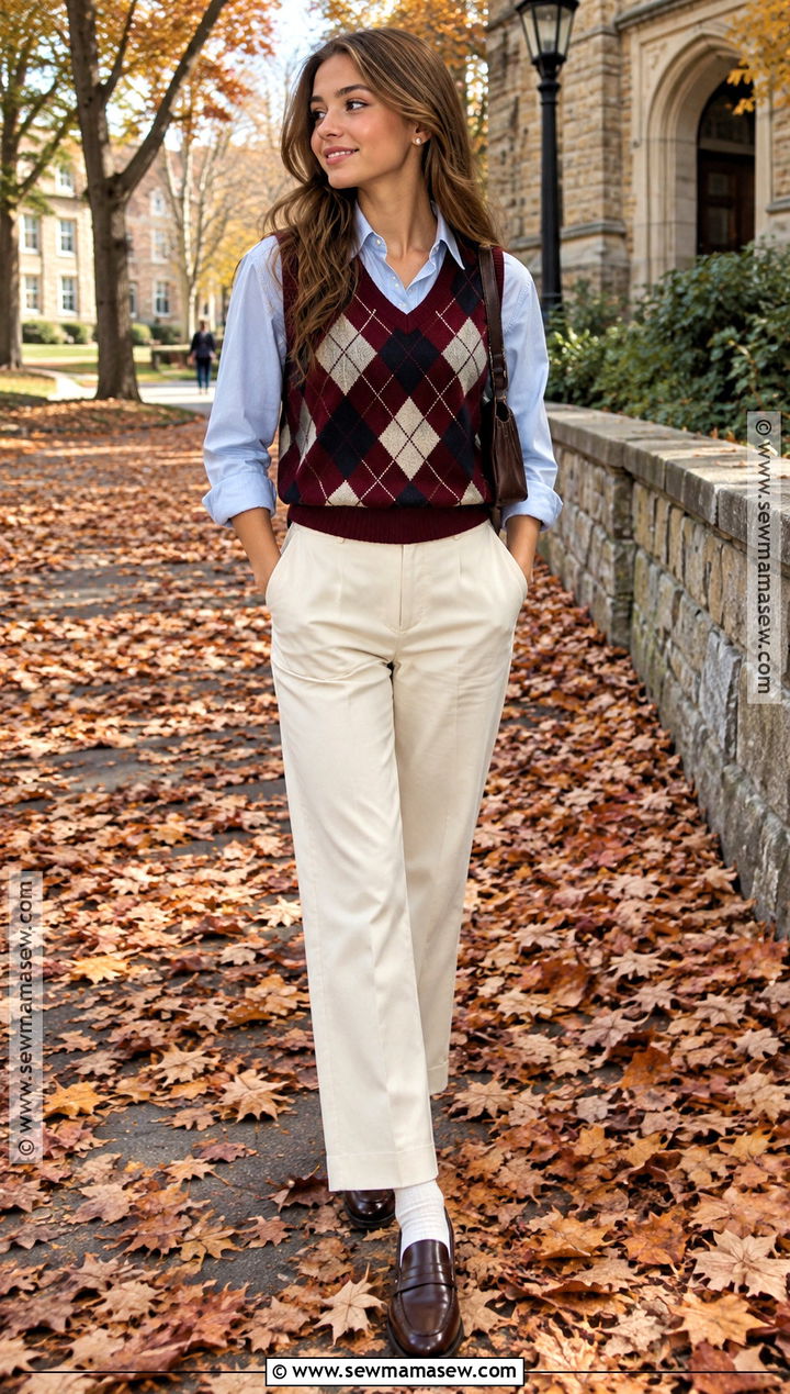 Preppy Autumn Sweater Vest And Oxford Shirt Outfit - 20 autumn clothing aesthetic ideas
