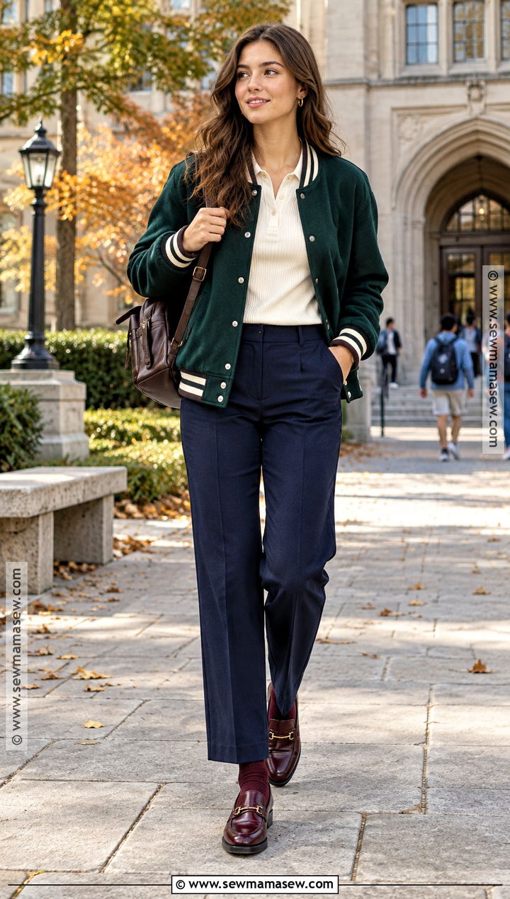 Preppy Autumn Varsity Jacket And Polo Knit Outfit - 20 preppy autumn outfits