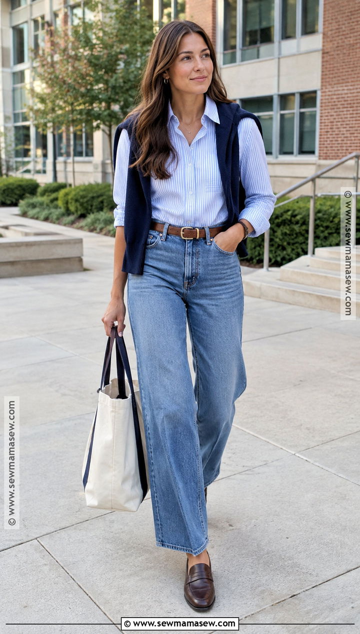 Preppy Button Down Shirt And Wide Leg Jeans Outfit - 20 preppy back to school outfits