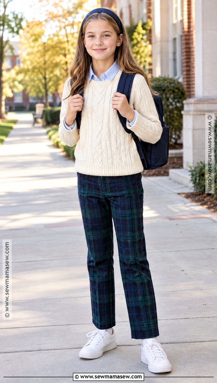 Preppy Cable Knit Sweater And Plaid Pants Outfit - 15 back to school outfits 5th grade girl preppy