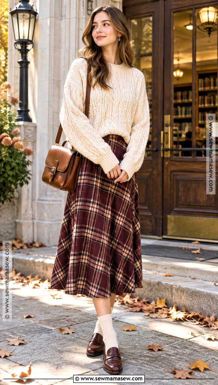 Preppy Cable Knit Sweater And Plaid Skirt Outfit - 20 preppy back to school outfits