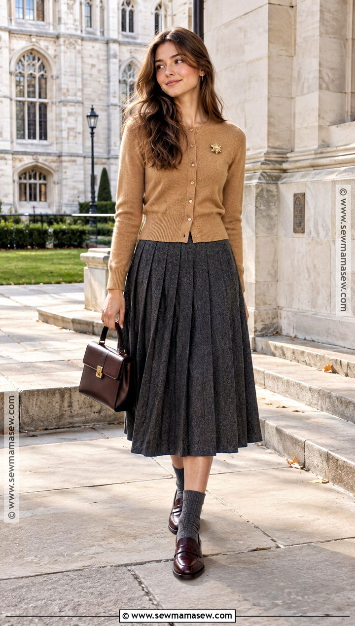 Preppy Cardigan And Pleated Midi Skirt Fall Outfit - 15 Fall 24 Fashion Ideas