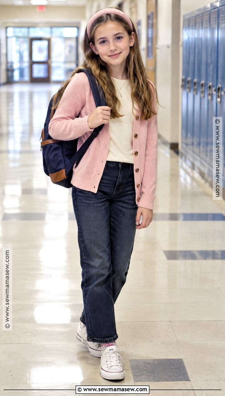 Preppy Cardigan And Straight Leg Jeans Outfit - 15 back to school outfits 5th grade girl preppy