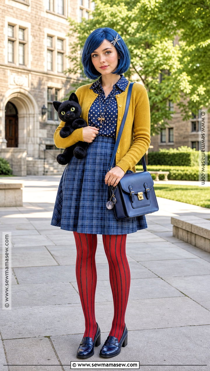 Preppy Coraline Costume With Yellow Cardigan - 30 caroline costume ideas
