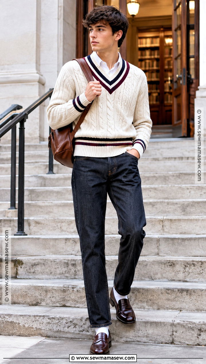 Preppy Cricket Sweater And Dark Jeans Outfit - 20 preppy back to school outfits