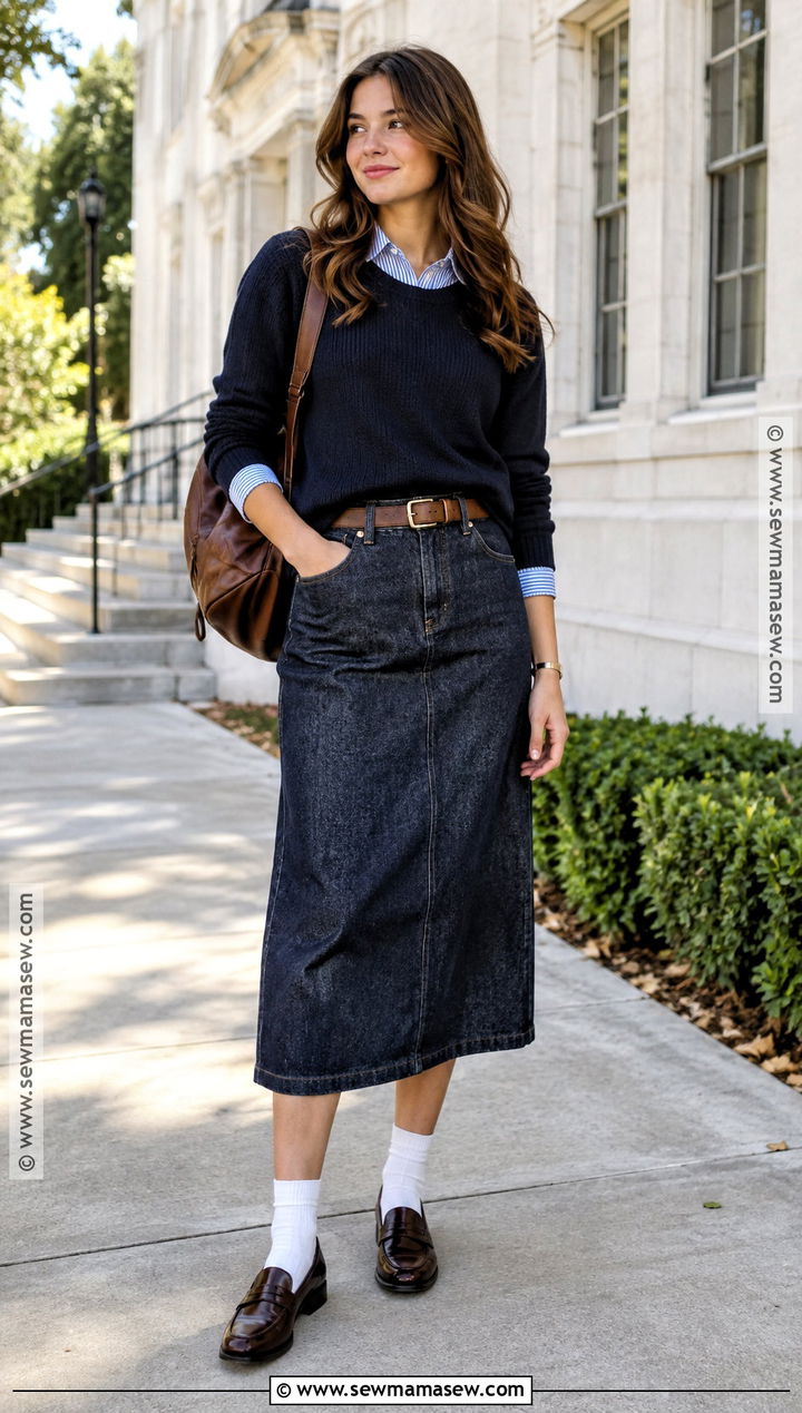 Preppy Denim Skirt And Crewneck Sweater Outfit - 15 Preppy Back To School Outfit Inspiration Ideas