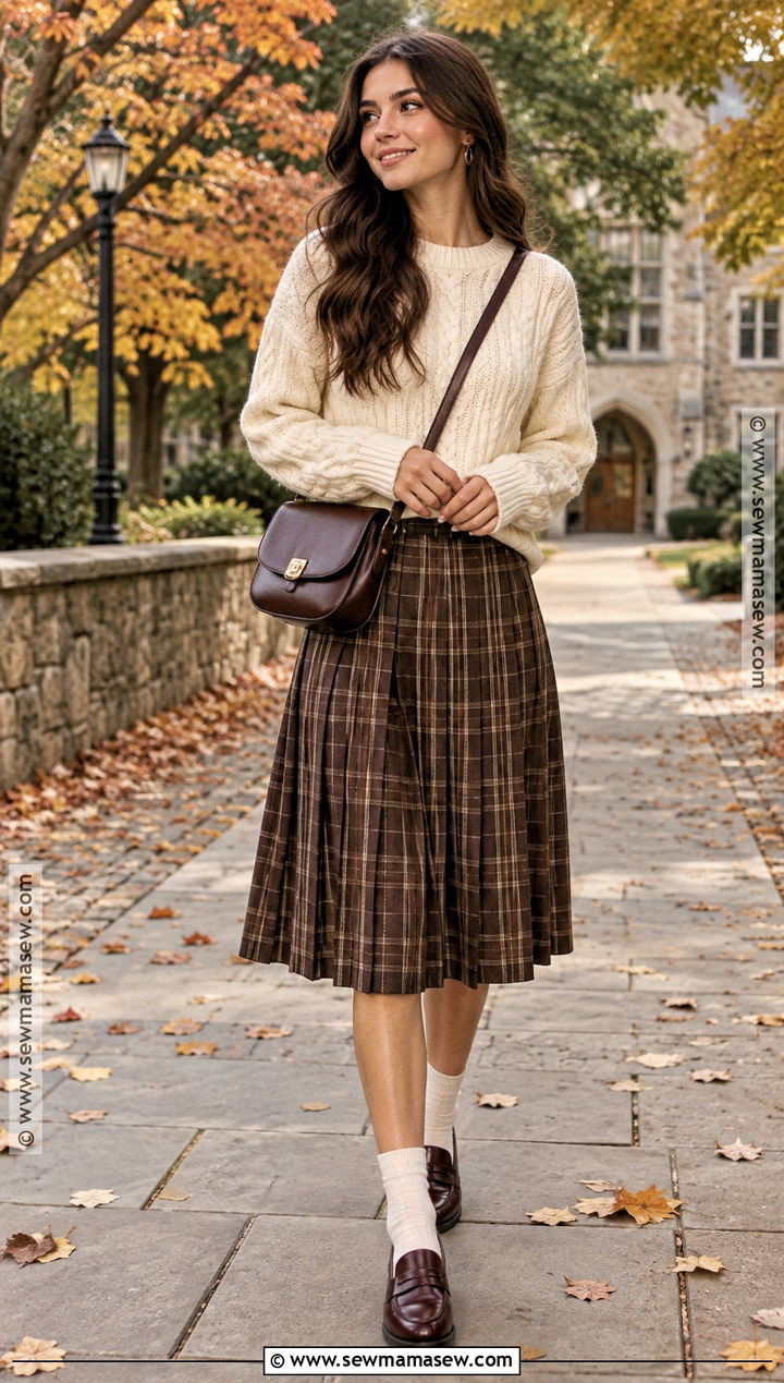 Preppy Fall Cable Knit Sweater and Plaid Skirt Outfit - 20 fall outfits preppy