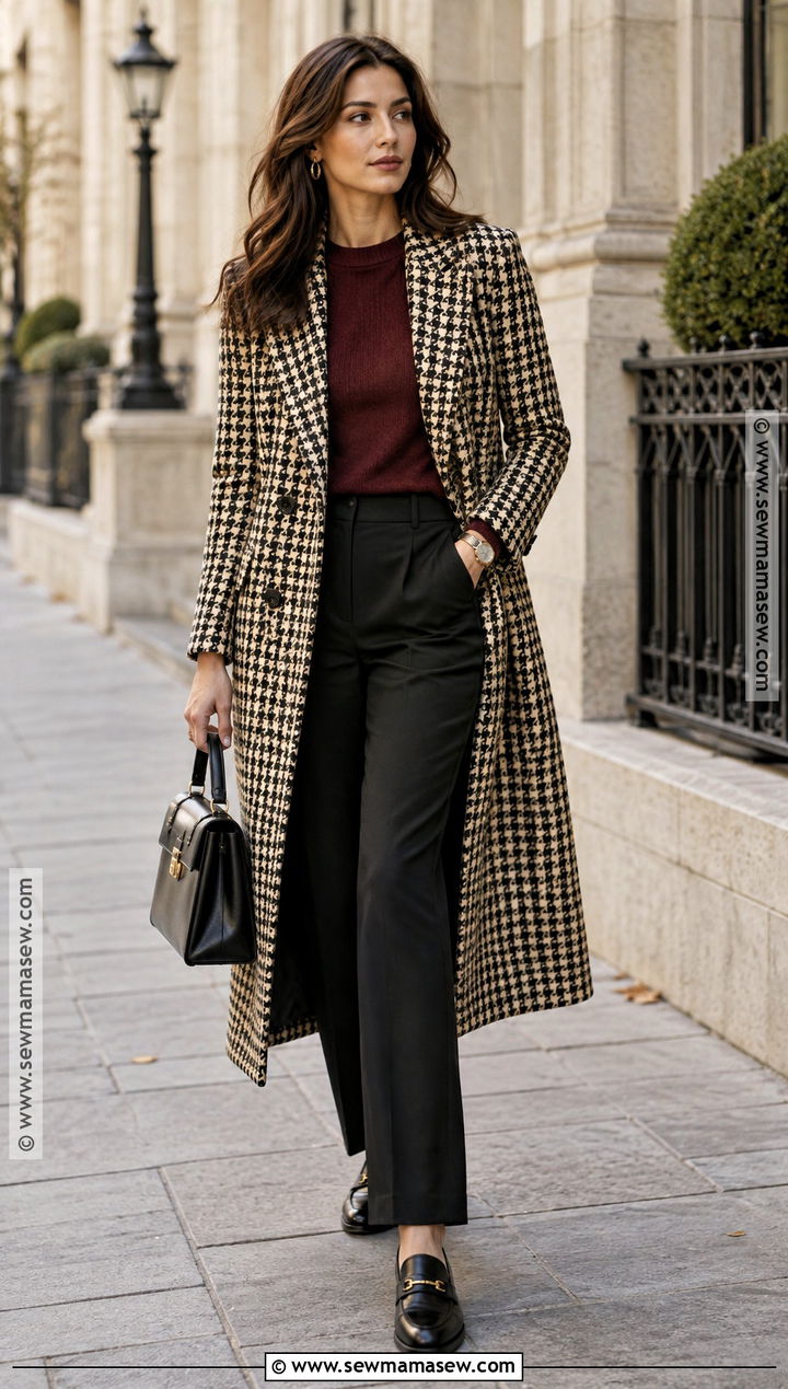 Preppy Fall Houndstooth Coat and Black Trousers Outfit - 20 fall outfits preppy