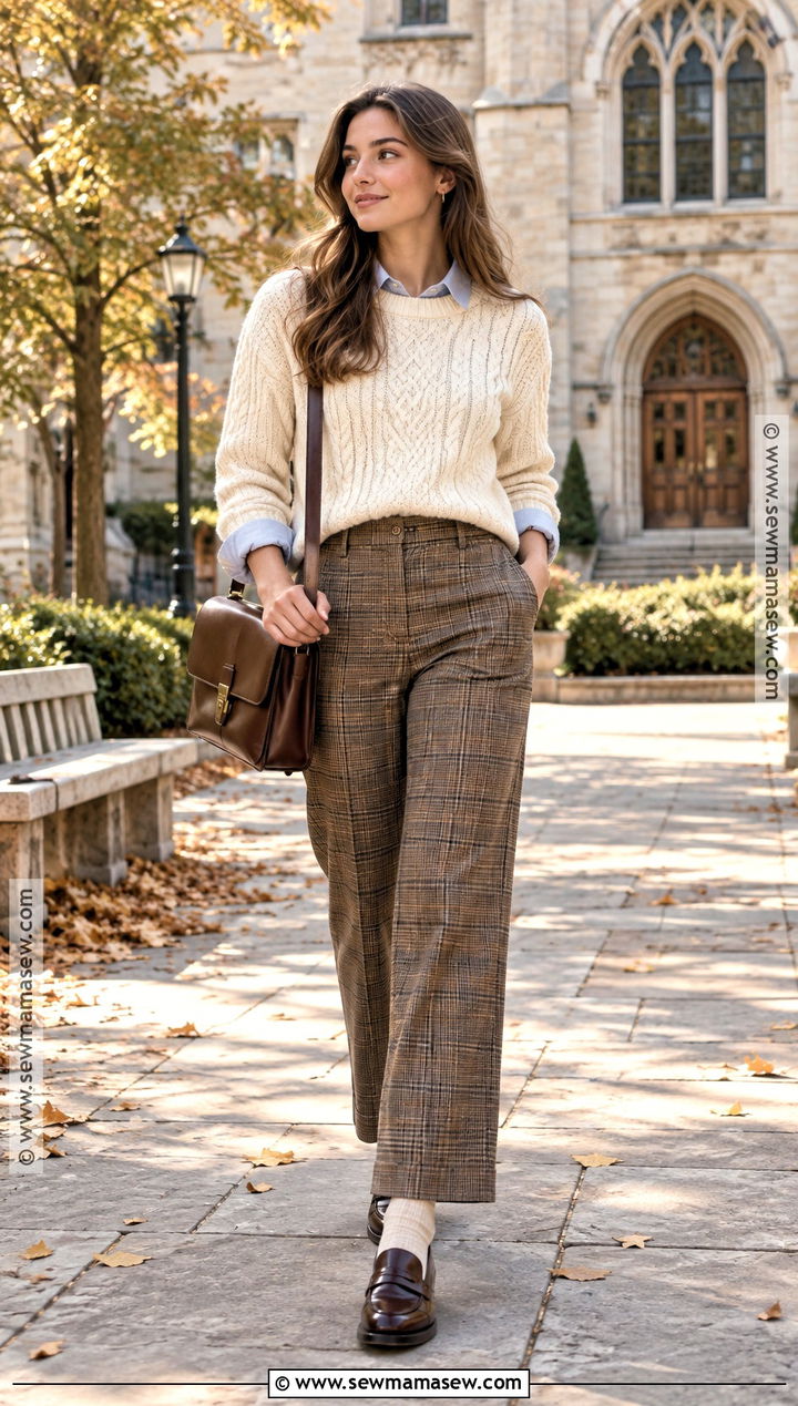 Preppy Fall Outfit With Cable Knit Sweater And Plaid Pants - 15 25 Year Old Fall Fashion Ideas for Women