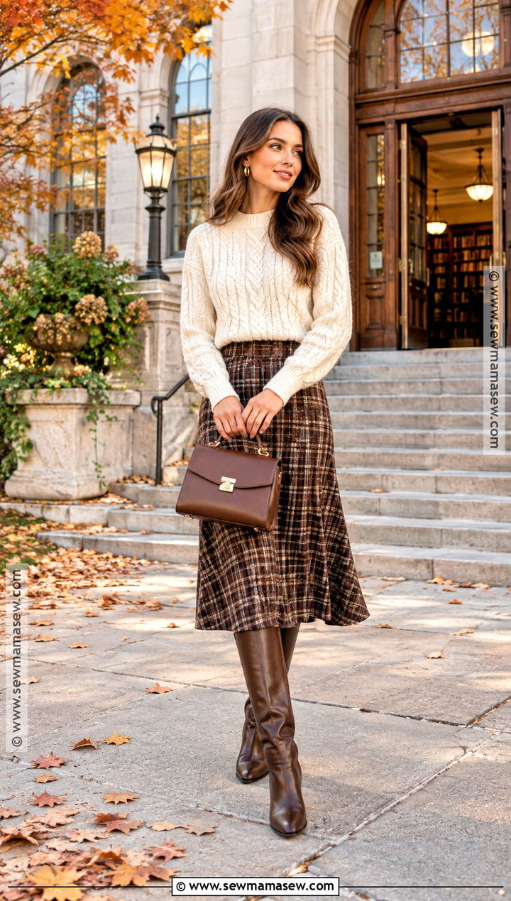 Preppy Fall Outfit With Cable Knit Sweater And Plaid Skirt - 15 preppy fall outfits 2026
