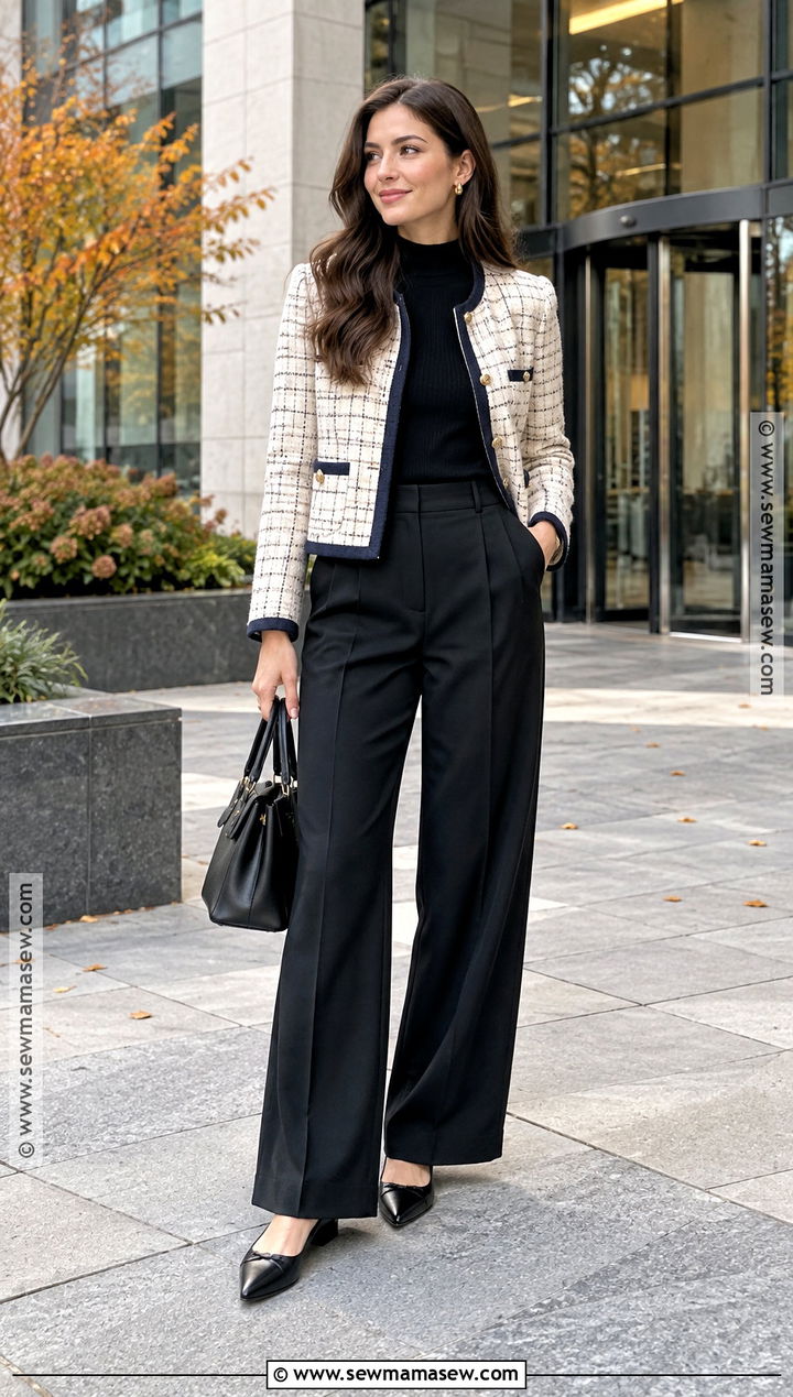 Preppy Fall Outfit With Tweed Jacket And Black Trousers - 15 preppy fall outfits 2026