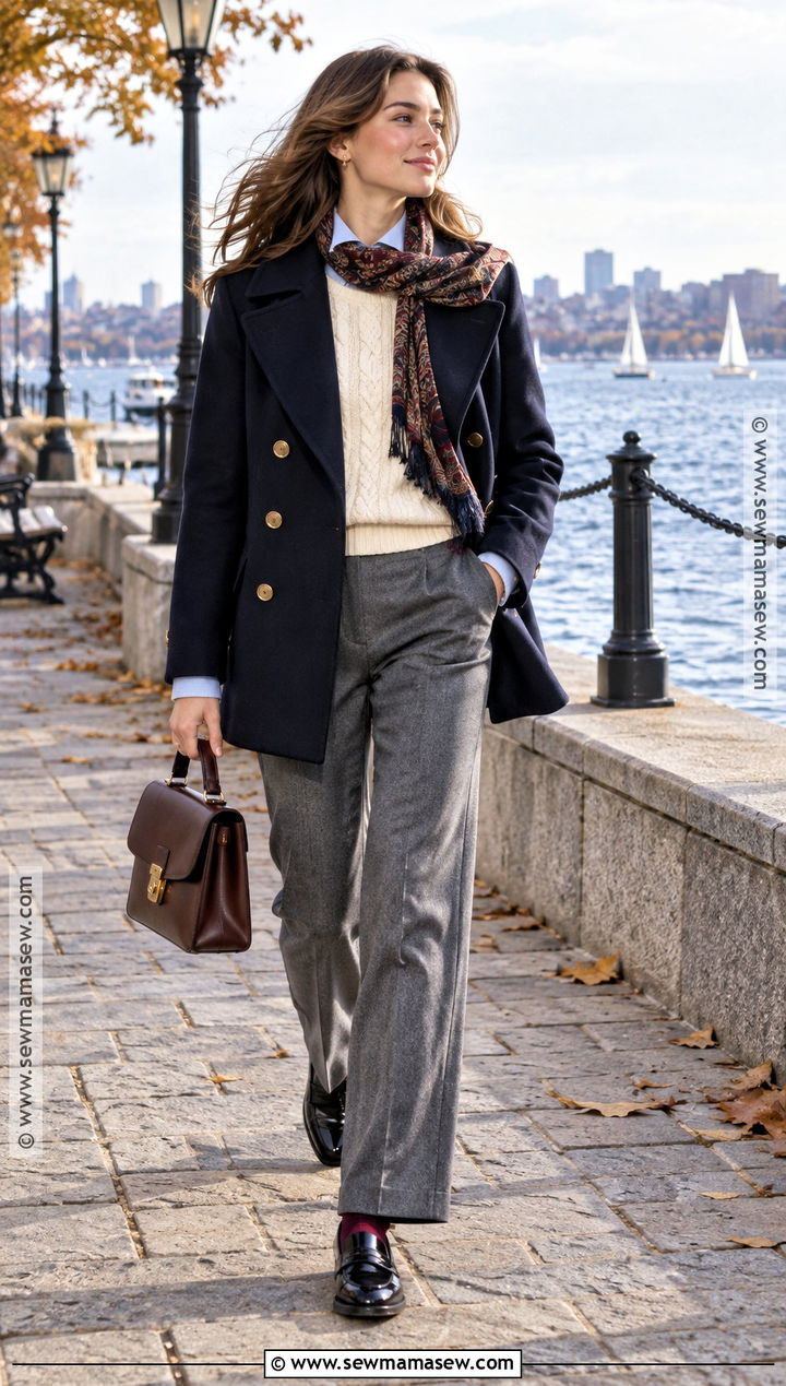 Preppy Fall Peacoat and Straight Leg Pants Outfit - 20 fall outfits preppy