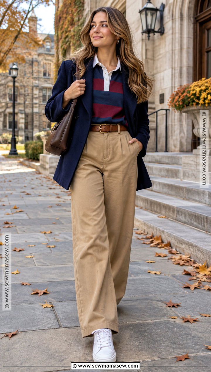 Preppy Fall Rugby Shirt and Wide Leg Trousers Outfit - 20 fall outfits preppy